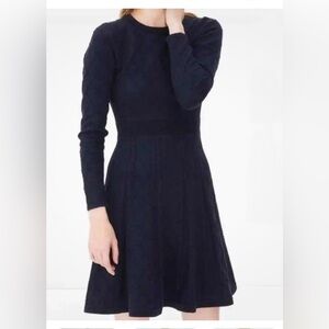 Sandro Diamond Knit Long Sleeve Fit and Flare Mini Dress, Size US S, Navy Blue